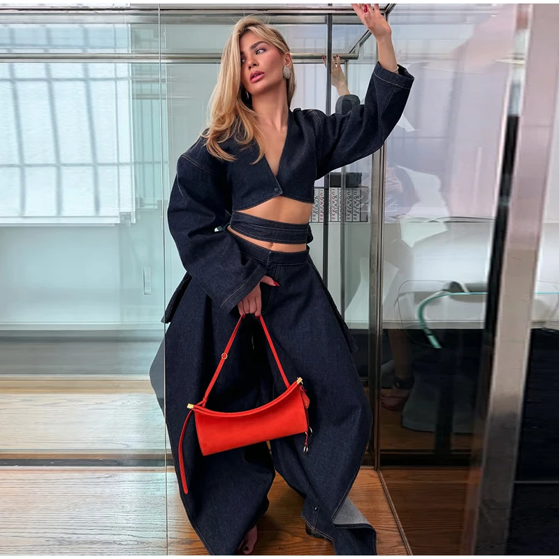 Fashion Denim Two-Piece Outfit Women's V-neck Lace Up Button Cropped Jacket Slit Wide Leg Pants 2026 New Lady Casual Streetwear 26 Sc1da89c675c041e0bace7fc1ce1fa928l