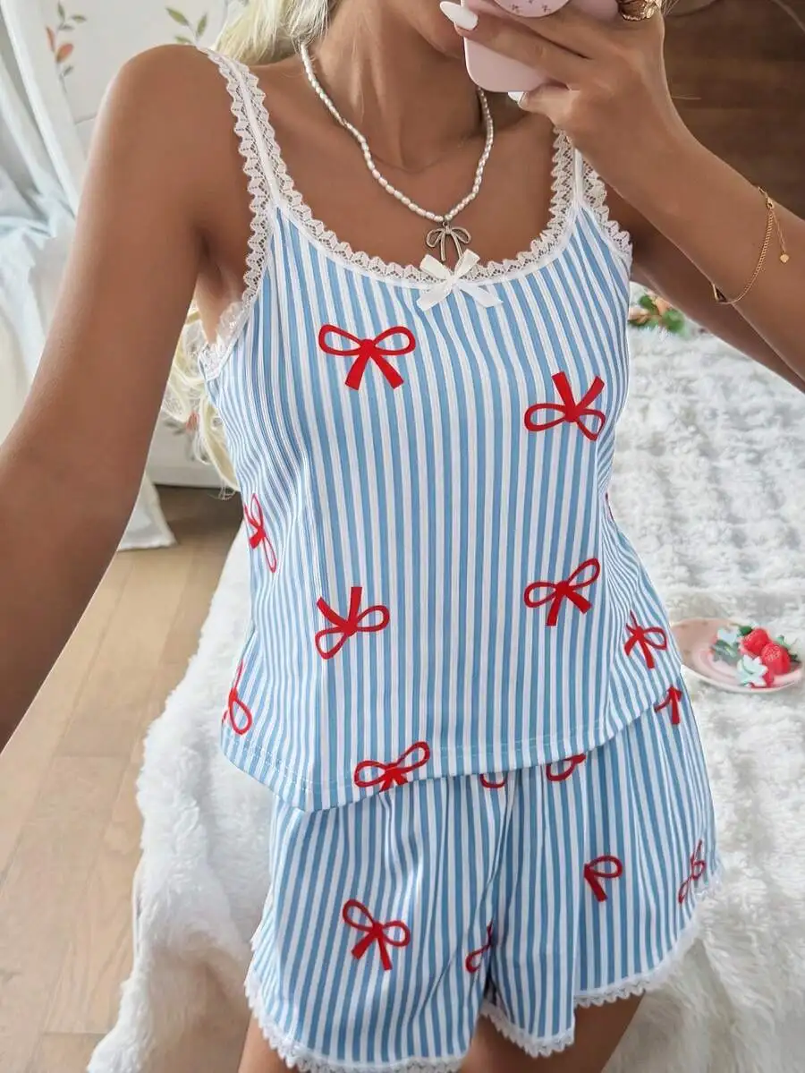 Womens Blue And White Striped Bow Print Lace Trim Spaghetti Strap Pajama Set
Womens Blue And White Striped Bow Print Lace Trim Spaghetti Strap Pajama Set