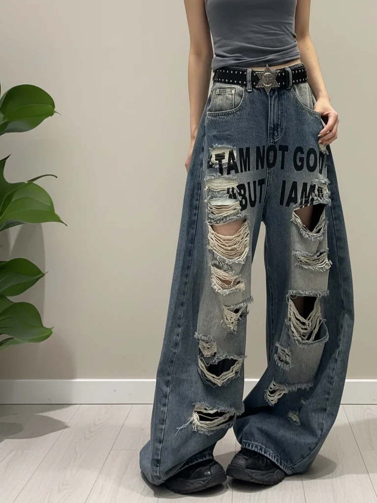 Retro American Letter Print Hole Denim Pants Women Loose Casual Wide Leg Floor Length Pants Summer New Arrival
Retro American Letter Print Hole Denim Pants Women Loose Casual Wide Leg Floor Length Pants Summer New Arrival