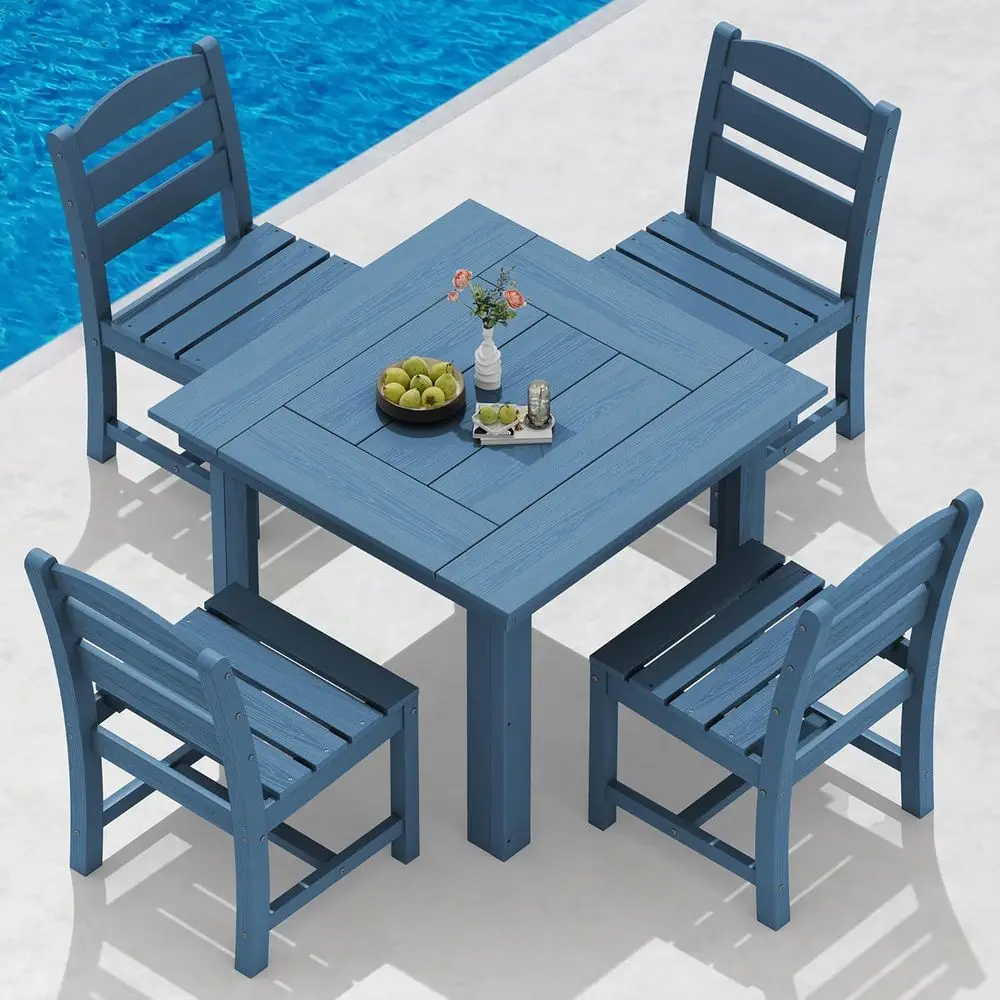 All-Weather HDPE Outdoor Dining Set with 4 Square Blue Armchairs
All-Weather HDPE Outdoor Dining Set with 4 Square Blue Armchairs