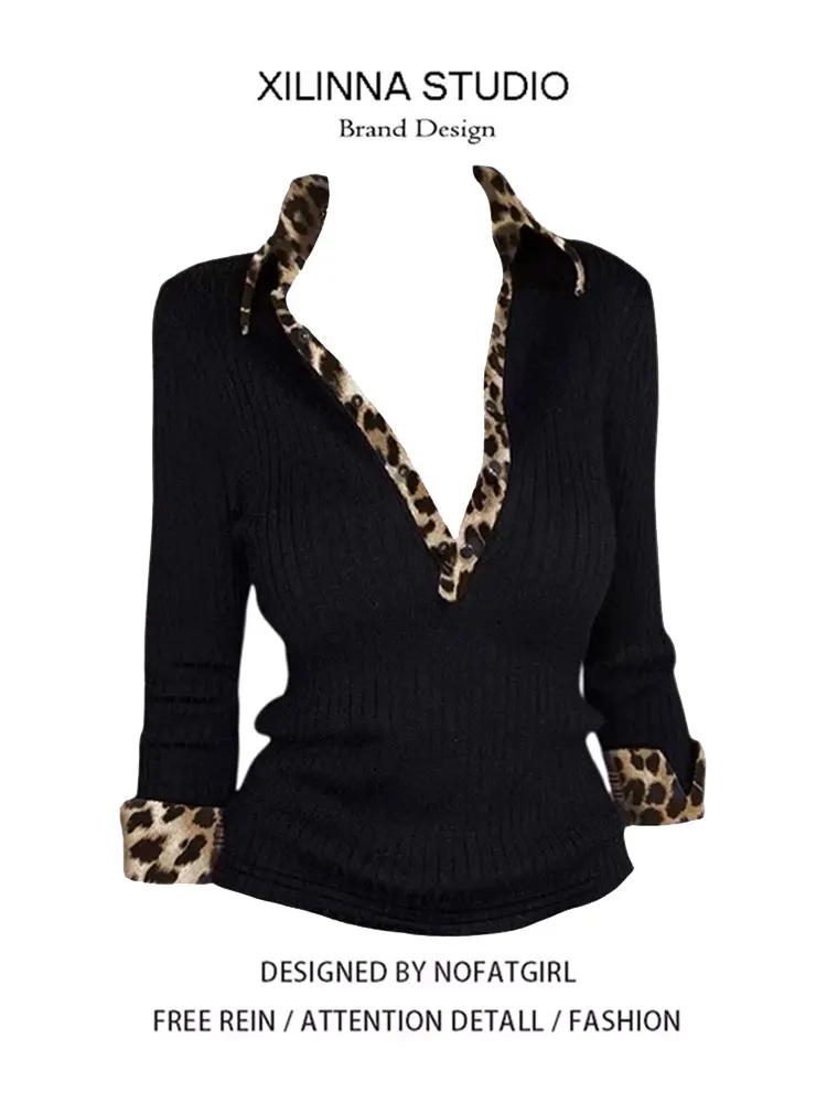 Slim Fit V-Neck Knitted Base Shirt Women's Long Sleeve T-Shirt Autumn Winter New Style Leopard Print Patchwork American Hot Girl
Slim Fit V-Neck Knitted Base Shirt Women's Long Sleeve T-Shirt Autumn Winter New Style Leopard Print Patchwork American Hot Girl