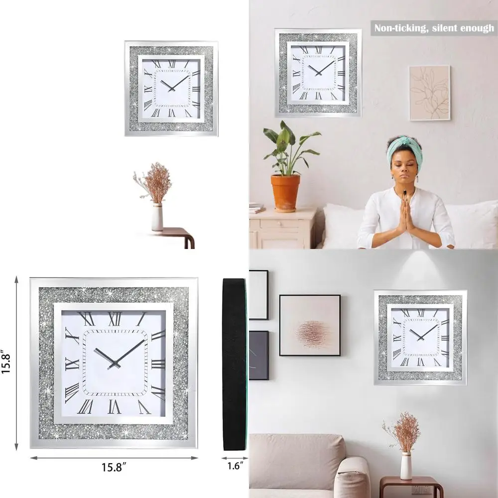 15.8 Silent Square Diamond Mirror Wall Clock, Sparkle Silver for Living Room/Office Decor (Batteries Not Included)
15.8 Silent Square Diamond Mirror Wall Clock, Sparkle Silver for Living Room/Office Decor (Batteries Not Included)
