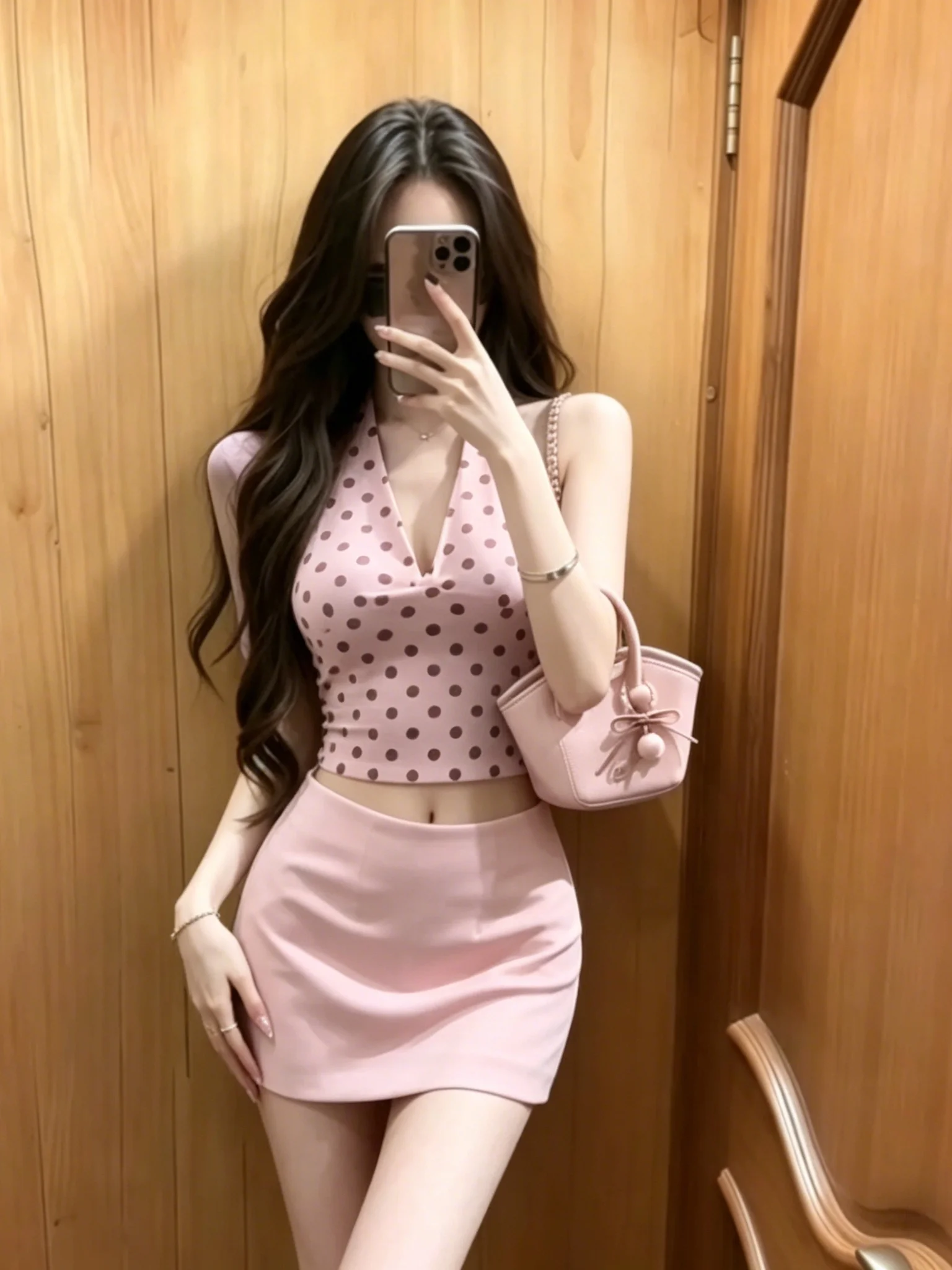 Pink Polka Dot V-Neck Hanging Neck Vest Women's Summer Slimming Two-Piece Set High Waist Short Skirt Elastic Short Sleeve Top
Pink Polka Dot V-Neck Hanging Neck Vest Women's Summer Slimming Two-Piece Set High Waist Short Skirt Elastic Short Sleeve Top