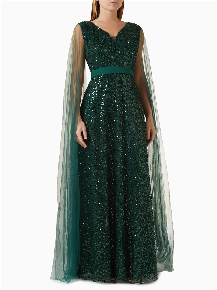 Customized V-Neck Sheer Tulle Cape Sleeves Bodice Sequins A-Line Prom Dress Elegant Back Zipper Floor Length Gown For Women 2025
Customized V-Neck Sheer Tulle Cape Sleeves Bodice Sequins A-Line Prom Dress Elegant Back Zipper Floor Length Gown For Women 2025