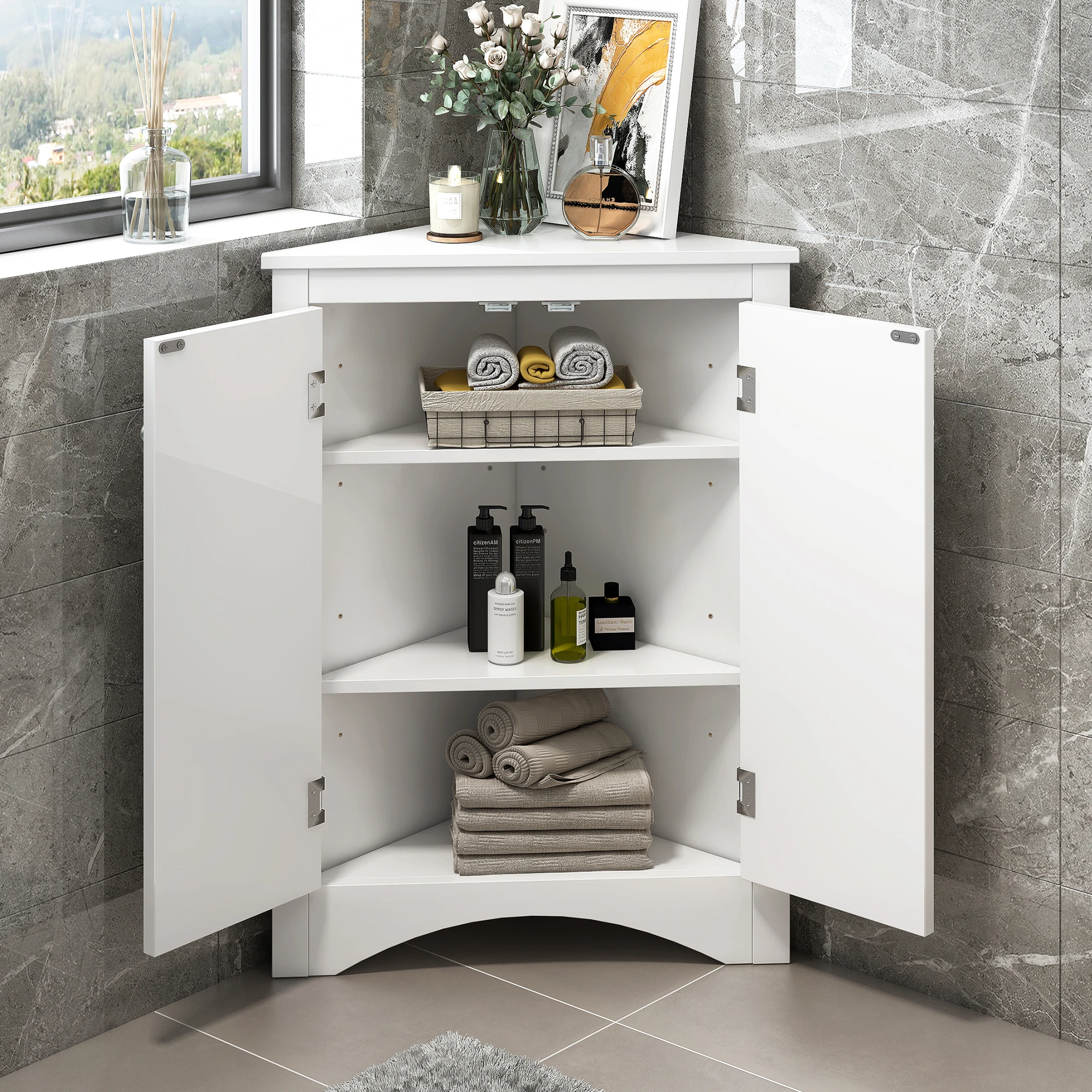 White color Triangle Bathroom Storage Cabinet with Adjustable Shelves, Freestanding Floor Cabinet for Home Kitchen
White color Triangle Bathroom Storage Cabinet with Adjustable Shelves, Freestanding Floor Cabinet for Home Kitchen