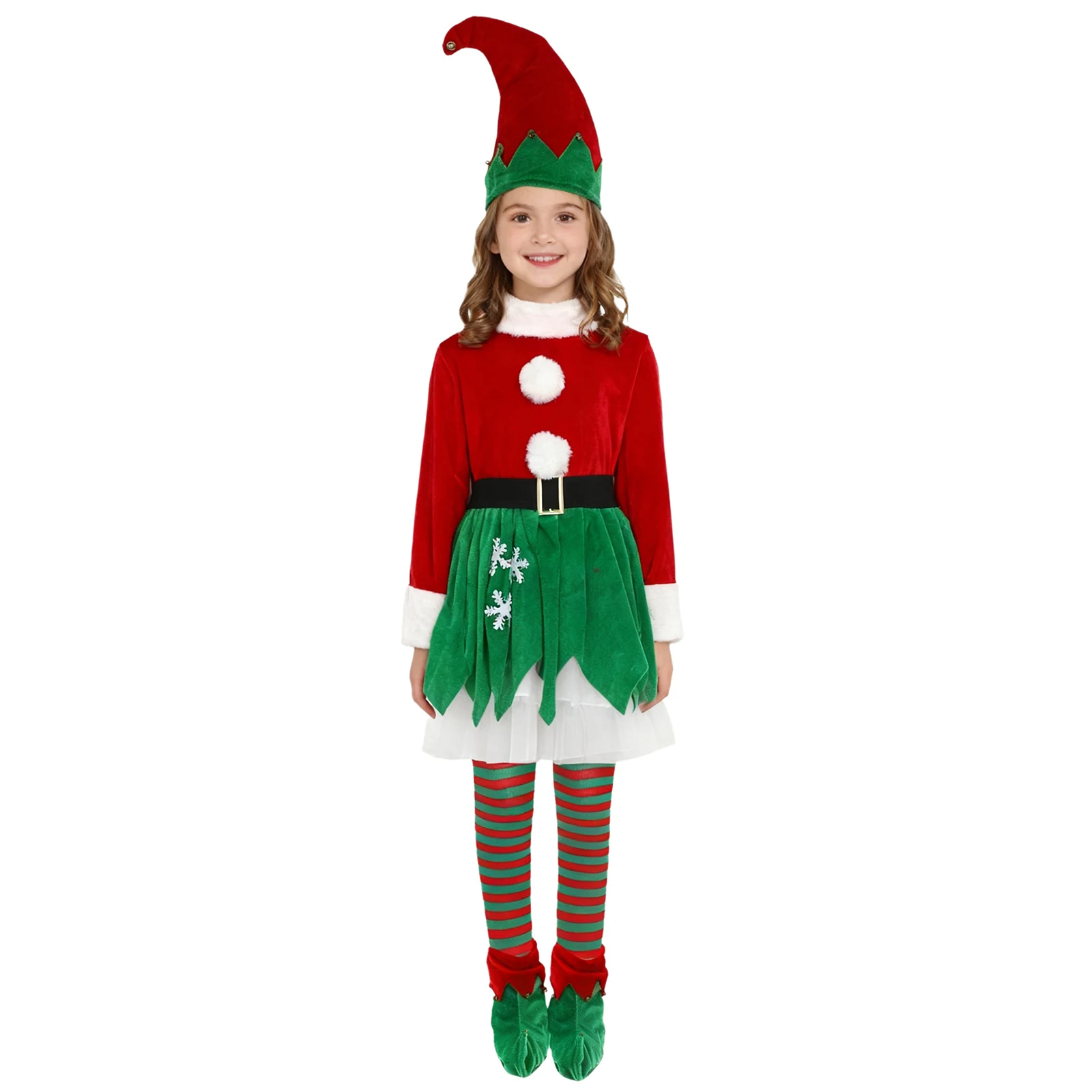 5 Pieces Christmas Party Elf Role Play Costumes Long Sleeve Tutu Dress with Hat Waistbelt Stripe Socking And Shoes Covers Outfit
5 Pieces Christmas Party Elf Role Play Costumes Long Sleeve Tutu Dress with Hat Waistbelt Stripe Socking And Shoes Covers Outfit