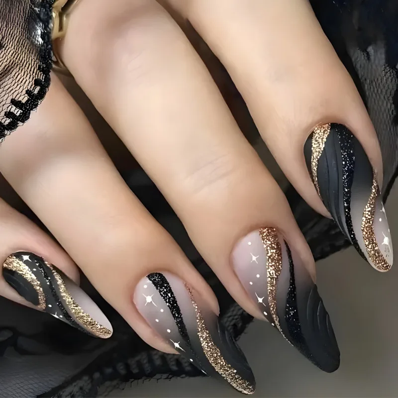 24pcs Black Nails Tips Gold Glitter Line Stick-on Nails Almond Nails Set Fake with Sticky Tabs Nail Art Beautiful Nail Press On
24pcs Black Nails Tips Gold Glitter Line Stick-on Nails Almond Nails Set Fake with Sticky Tabs Nail Art Beautiful Nail Press On