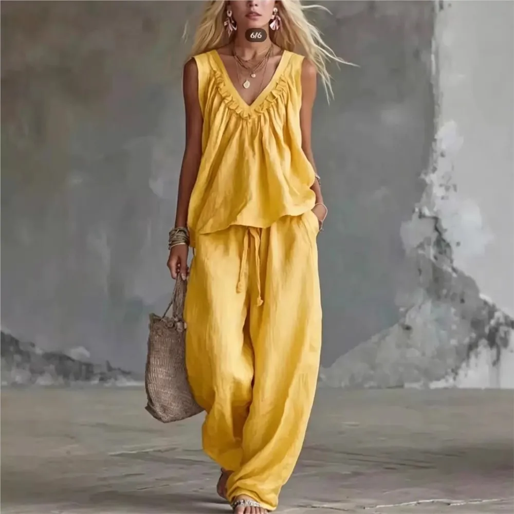 2026 Fashion Ruffled V-neck Sleeveless Women Top Set Summer Casual Vest Loose Lace-up Wide-Leg Pants Female Vacation 2 piece Set
2026 Fashion Ruffled V-neck Sleeveless Women Top Set Summer Casual Vest Loose Lace-up Wide-Leg Pants Female Vacation 2 piece Set