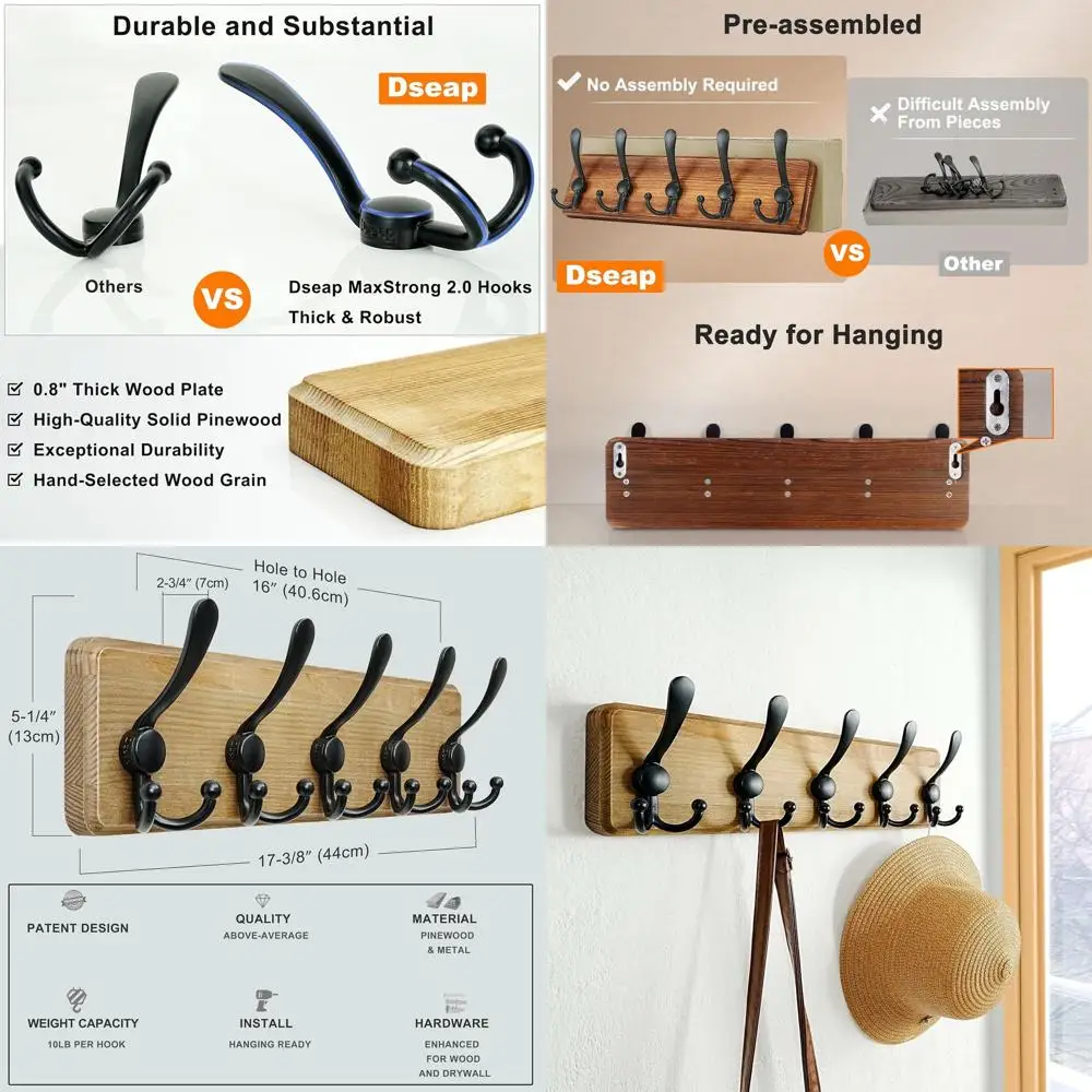 Durable Wooden Wall-Mounted Coat Rack with 5 Hooks for Winter Gear in Weathered Brown & Black, Set of 2
Durable Wooden Wall-Mounted Coat Rack with 5 Hooks for Winter Gear in Weathered Brown & Black, Set of 2