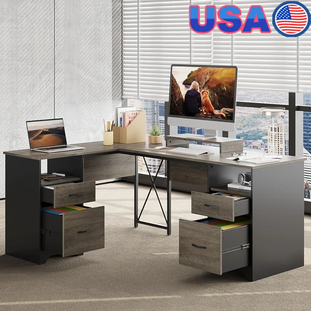 L Shaped Desk with 4 Drawers Large Corner Office Desk with Open Storage Ergonomic Monitor Stand Two Person Assembly Modern
L Shaped Desk with 4 Drawers Large Corner Office Desk with Open Storage Ergonomic Monitor Stand Two Person Assembly Modern