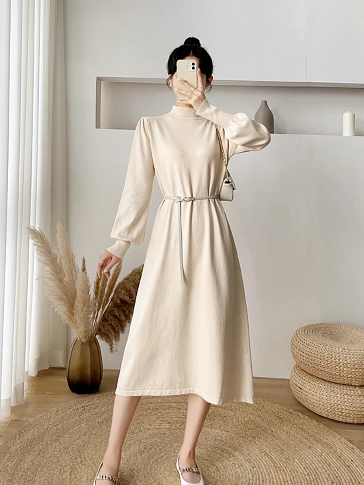 Women Half High Collar Lantern Sleeve Knitted Dresses Autumn Winter Belt Decoration Mid Length Version Over The Knee Solid Dress
Women Half High Collar Lantern Sleeve Knitted Dresses Autumn Winter Belt Decoration Mid Length Version Over The Knee Solid Dress