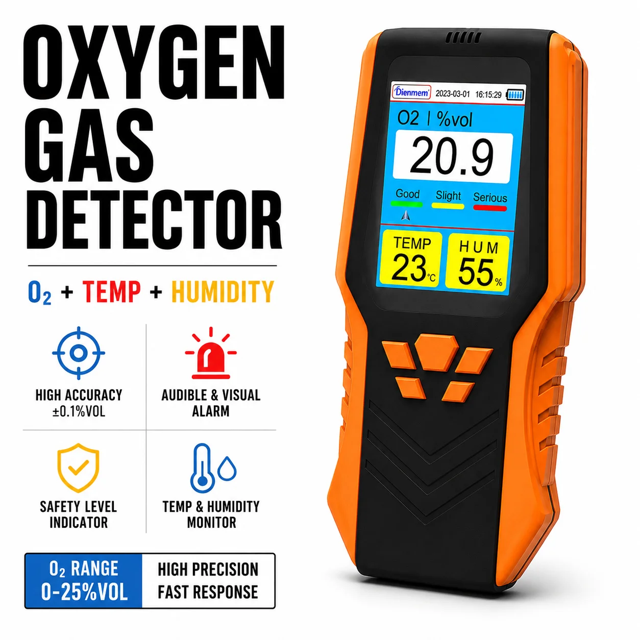 Portable Oxygen Detector 0-30%,O2 Monitor with Sound Alarm,Air Quality Meter Measures Temperature & Humidity,1.5s Fast Response
