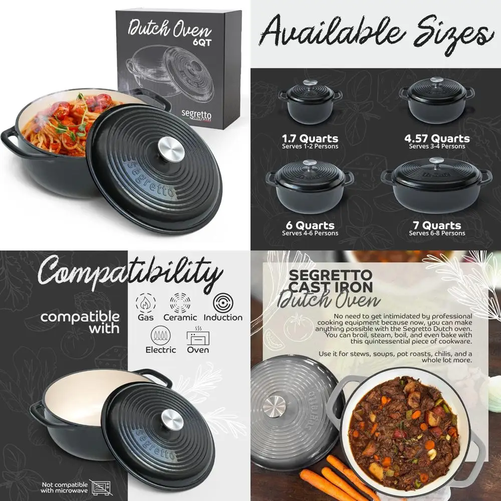 Enameled Cast Iron 6-Quart Dutch Oven - Black, Heavy-Duty Cooking Pot for Durable Oven-to-Table Use
Enameled Cast Iron 6-Quart Dutch Oven - Black, Heavy-Duty Cooking Pot for Durable Oven-to-Table Use