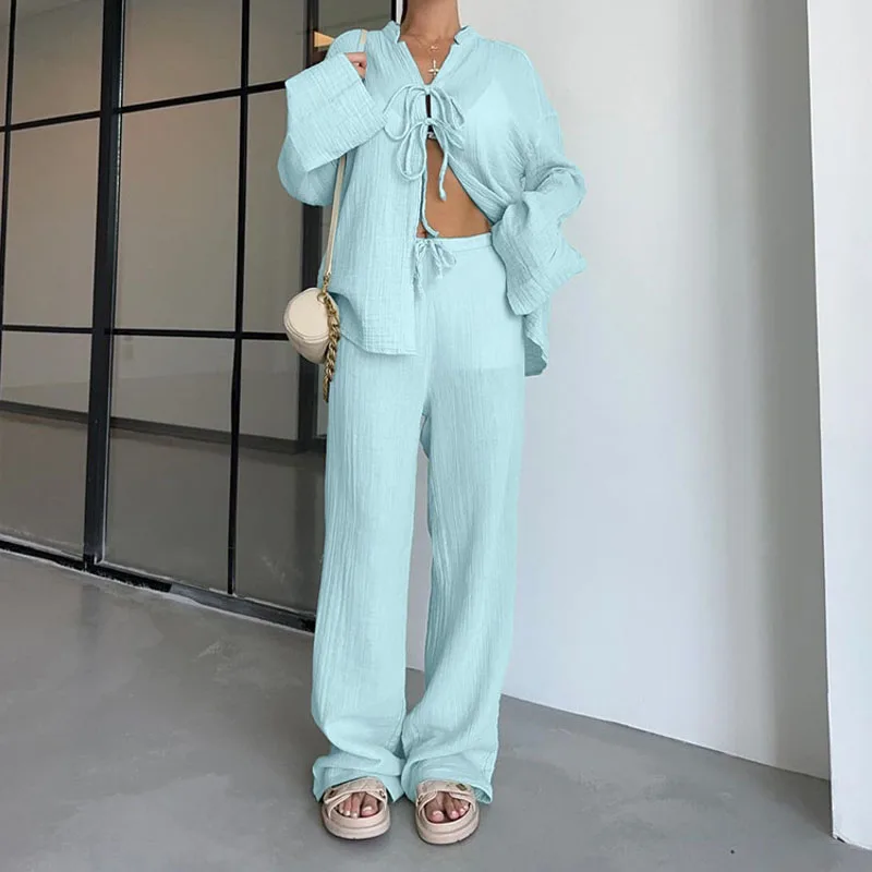 Women's Cotton Wrinkle Cloth Fashion Set Long Sleeve Lace Cardigan Top Loose Trousers Casual Two-Piece Club Clothing Vestidos
Women's Cotton Wrinkle Cloth Fashion Set Long Sleeve Lace Cardigan Top Loose Trousers Casual Two-Piece Club Clothing Vestidos