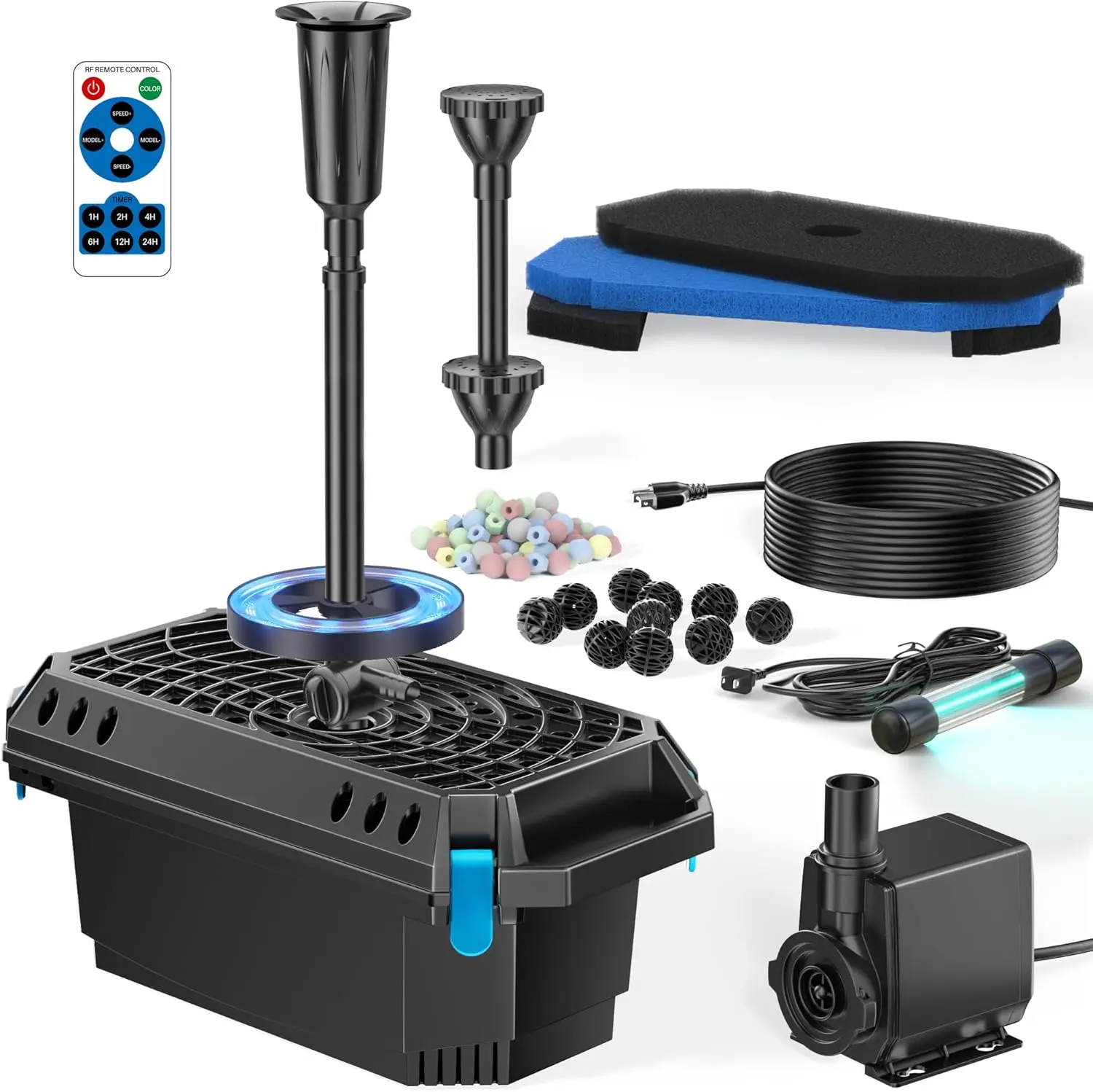 Pond Filter with U-V Clarifier, 660GPH 40W Pond Pump and Filter Kit with RGB LED Lights, All-in-One
Pond Filter with U-V Clarifier, 660GPH 40W Pond Pump and Filter Kit with RGB LED Lights, All-in-One
