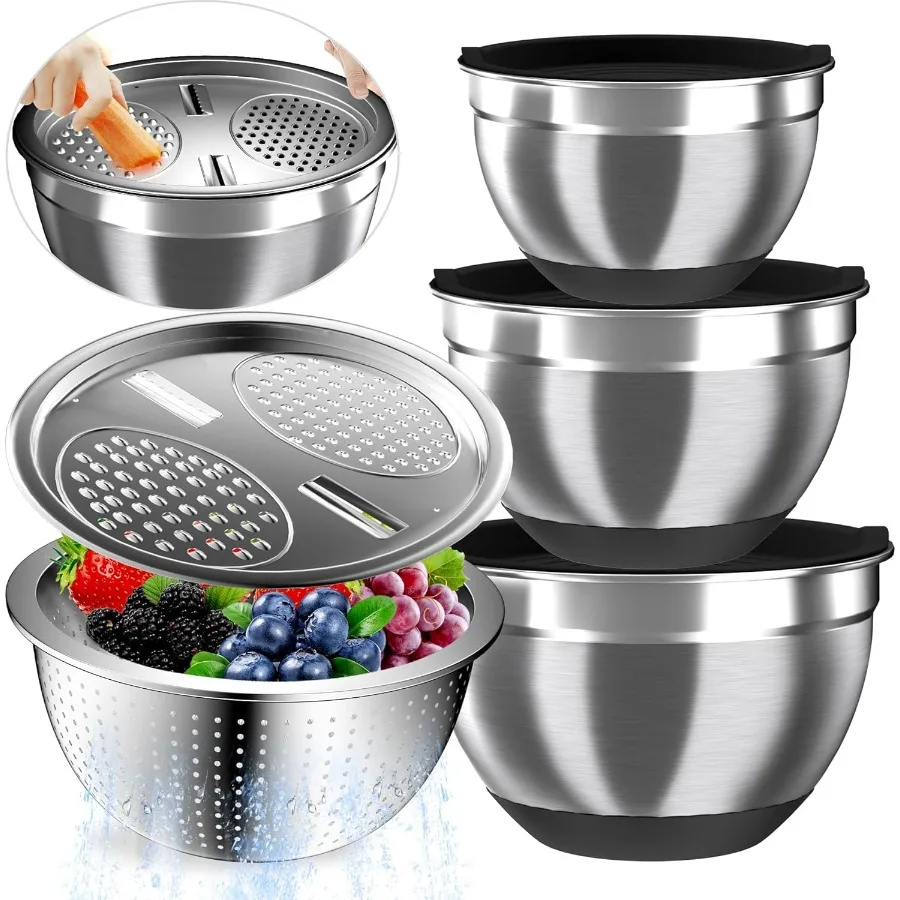 Stainless Steel Mixing Bowl Set with Airtight Lids 3 Nesting Bowls Colander Grater NonSlip Bottoms in Sizes 1.5 2.5 and 5 QT Id
Stainless Steel Mixing Bowl Set with Airtight Lids 3 Nesting Bowls Colander Grater NonSlip Bottoms in Sizes 1.5 2.5 and 5 QT Id