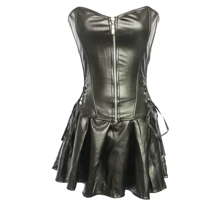Women Gothic Sexy Faux Leather Corset Dress Zipper Overbust Corset Bustier Lingerie Top With PU Leather Mini Skirt Set Plus Size
Women Gothic Sexy Faux Leather Corset Dress Zipper Overbust Corset Bustier Lingerie Top With PU Leather Mini Skirt Set Plus Size
