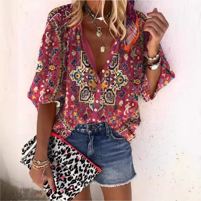 Boho Vintage Blouses Shirt Fashion Summer Women's Stand-up Collar Loose Button Printed Casual Shirts Women Tops Clothing New
Boho Vintage Blouses Shirt Fashion Summer Women's Stand-up Collar Loose Button Printed Casual Shirts Women Tops Clothing New