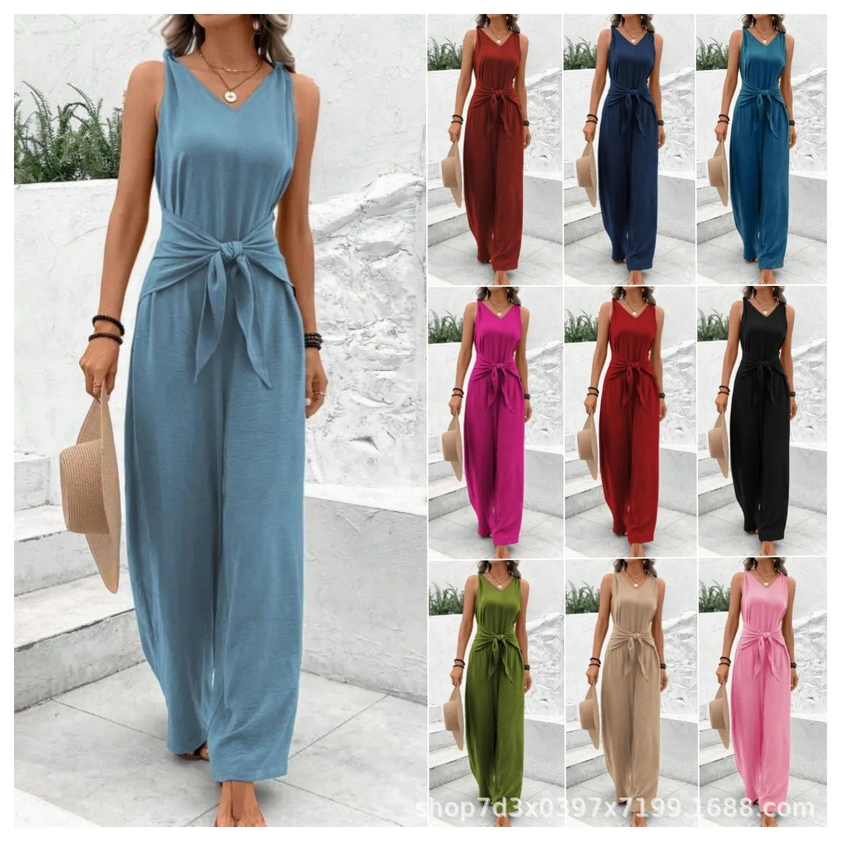 Summer Woman Jumpsuit V Neck Wide Leg Knotted Waist Jumpsuits Casual Lightweight Romper Turquoise Navy Blue Long Jumpsuit
Summer Woman Jumpsuit V Neck Wide Leg Knotted Waist Jumpsuits Casual Lightweight Romper Turquoise Navy Blue Long Jumpsuit