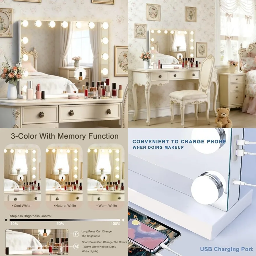 Hollywood Vanity Mirror with Lights, 23" x 18", 15 Dimmable Bulbs, 3 Color Lights, Make Up Lighted Mirror, USB Charging Port, G
Hollywood Vanity Mirror with Lights, 23" x 18", 15 Dimmable Bulbs, 3 Color Lights, Make Up Lighted Mirror, USB Charging Port, G