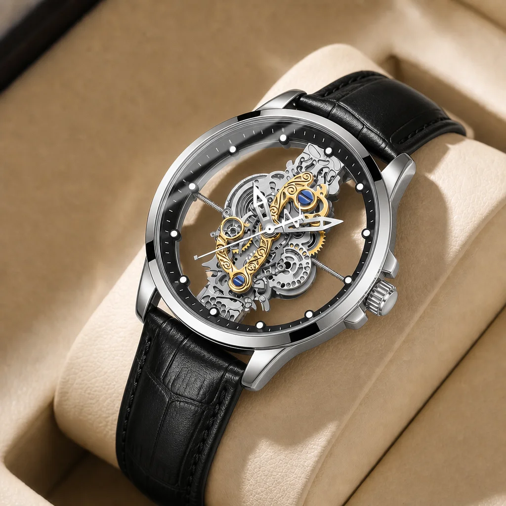 1pcs Men's silver dial leather strap vintage fashion open heart skeleton details Quartz Watch for daily business party holiday
1pcs Men's silver dial leather strap vintage fashion open heart skeleton details Quartz Watch for daily business party holiday