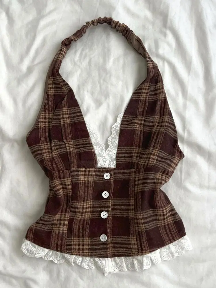 Summer Vintage Design Plaid Slash Neck Sling Women Hepburn Chic Lace Sleeveless Short Vest Hot Girl Y2k Sexy Patchwork Clothing
Summer Vintage Design Plaid Slash Neck Sling Women Hepburn Chic Lace Sleeveless Short Vest Hot Girl Y2k Sexy Patchwork Clothing
