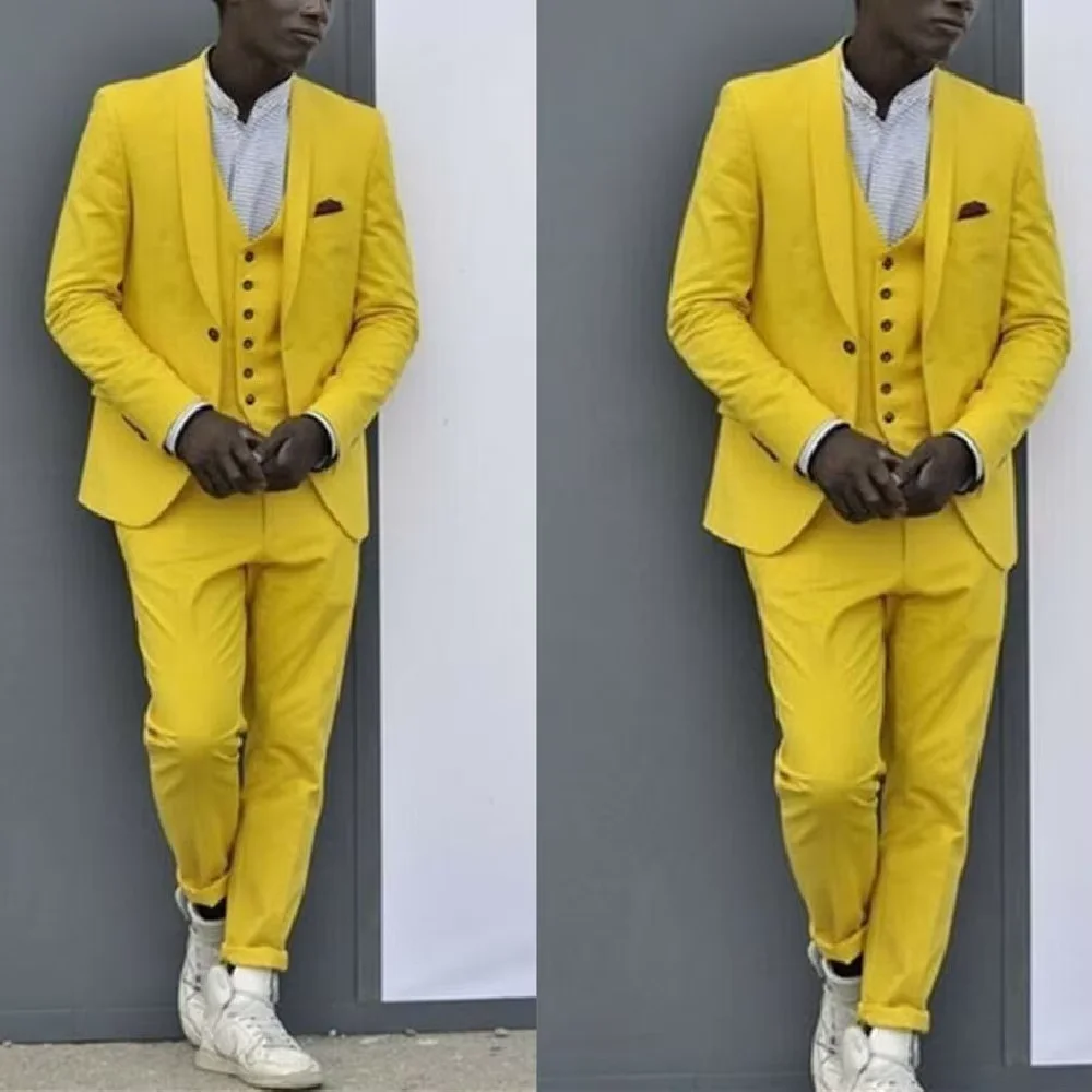 Yellow One Button Men's Suits 3 Piece Jacket Pants Vest Male Clothing Slim Fit Prom Party Outerwear High Qyality Costume Homme
Yellow One Button Men's Suits 3 Piece Jacket Pants Vest Male Clothing Slim Fit Prom Party Outerwear High Qyality Costume Homme