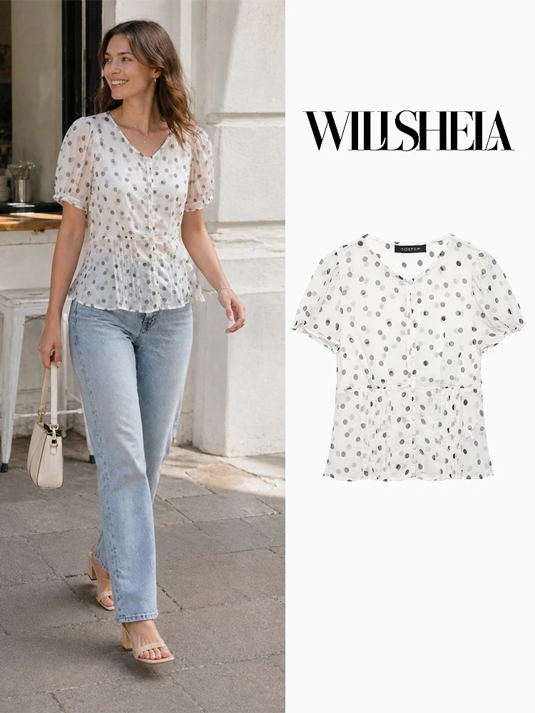 Женские модные футболки Willshela из жоржета в горошек, прозрачные, на одной пуговице, винтажные, с V-образным вырезом, с короткими рукавами, шикарные женские футболки
Женские модные футболки Willshela из жоржета в горошек, прозрачные, на одной пуговице, винтажные, с V-образным вырезом, с короткими рукавами, шикарные женские футболки