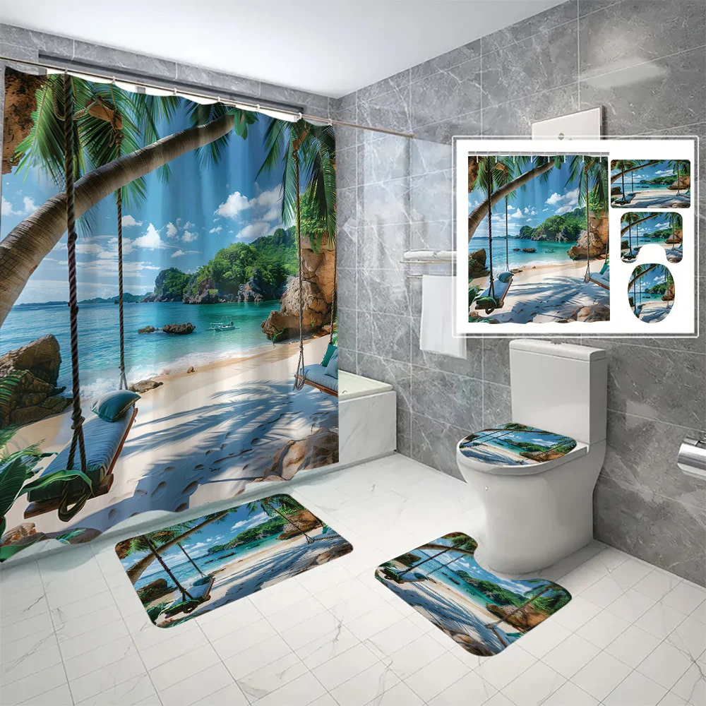 Open four-piece beach style digital printed polyester bathroom shower curtain set, waterproof, punch-free, with non-slip mat
Open four-piece beach style digital printed polyester bathroom shower curtain set, waterproof, punch-free, with non-slip mat