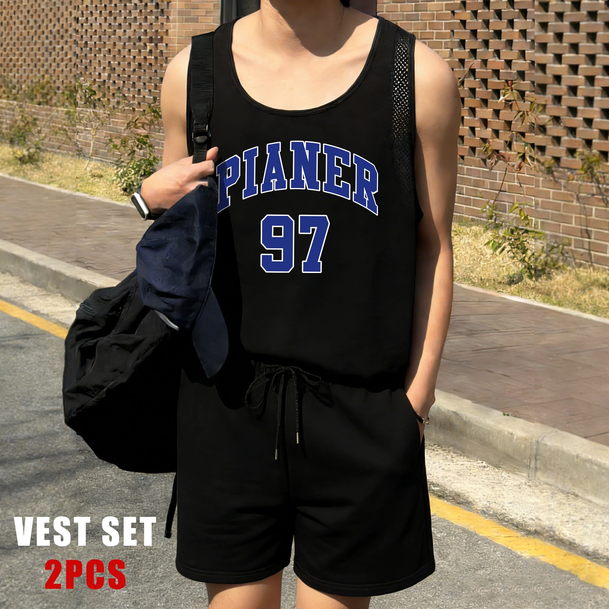Pianer Blue Letter 97 Design Men Reticular Vests Set Summer Soft Drawstring Sweatpants Unisex All-Match Breathable Singlet
Pianer Blue Letter 97 Design Men Reticular Vests Set Summer Soft Drawstring Sweatpants Unisex All-Match Breathable Singlet