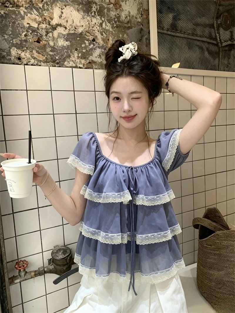 Deep Blue Lace Trim Short Sleeve Shirt Women's Summer Sweet Style Floral Top Flying Sleeve Square Collar Regular Length
Deep Blue Lace Trim Short Sleeve Shirt Women's Summer Sweet Style Floral Top Flying Sleeve Square Collar Regular Length