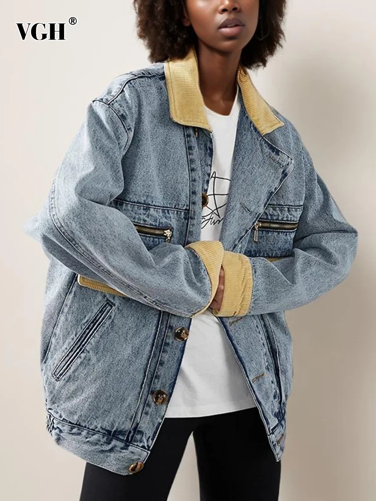 VGH Patchwork Zipper Casual Denim Jackets For Women Lapel Long Sleeve Spliced Single Breasted Hit Color Loose Jacket Female New
VGH Patchwork Zipper Casual Denim Jackets For Women Lapel Long Sleeve Spliced Single Breasted Hit Color Loose Jacket Female New