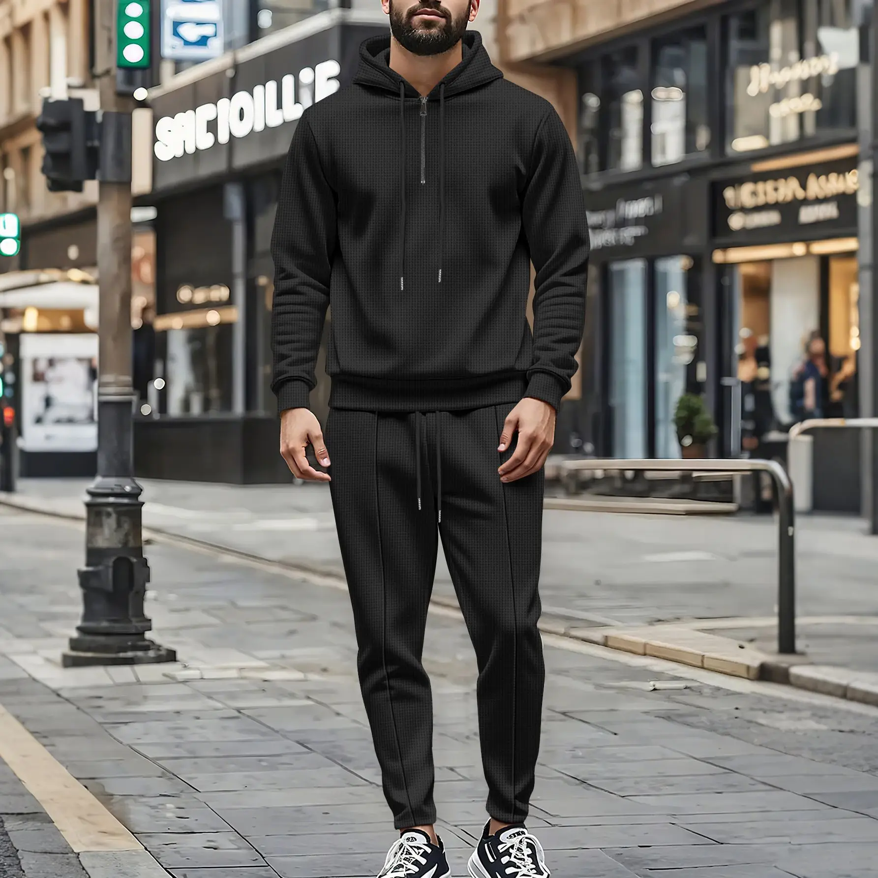 Men's Autumn Waffle Solid Color Hooded Half-Zipper Drawstring Long-Sleeved Sweatshirt And Long Pants Casual Comfortable Outfit
Men's Autumn Waffle Solid Color Hooded Half-Zipper Drawstring Long-Sleeved Sweatshirt And Long Pants Casual Comfortable Outfit