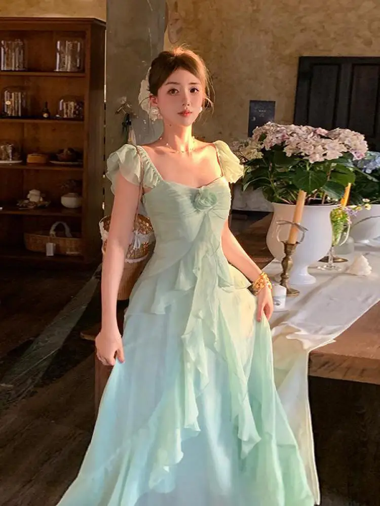 French Vintage Summer Green V Neck Elegant Sexy Evening Party Long Dress Women Sleeveless Backless Vacation Ruffles Slip Dress
French Vintage Summer Green V Neck Elegant Sexy Evening Party Long Dress Women Sleeveless Backless Vacation Ruffles Slip Dress