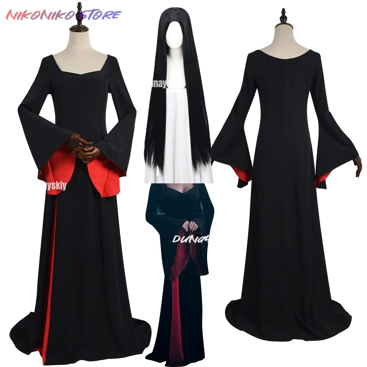 TV Wednesdayy Morticia Cosplay Costume Black Robe Wig Set Women Gothic Dress Maxi Skirt Adult Vintage Halloween Masquerade Party
TV Wednesdayy Morticia Cosplay Costume Black Robe Wig Set Women Gothic Dress Maxi Skirt Adult Vintage Halloween Masquerade Party