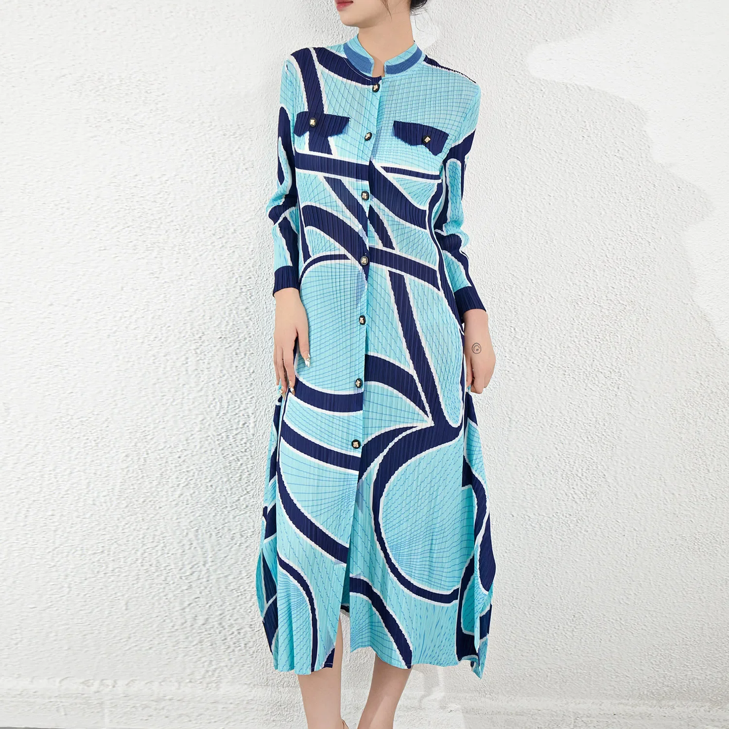 Printed long sleeved dress with women's pleats, new vintage and high-end fashion single breasted mid length dress
Printed long sleeved dress with women's pleats, new vintage and high-end fashion single breasted mid length dress