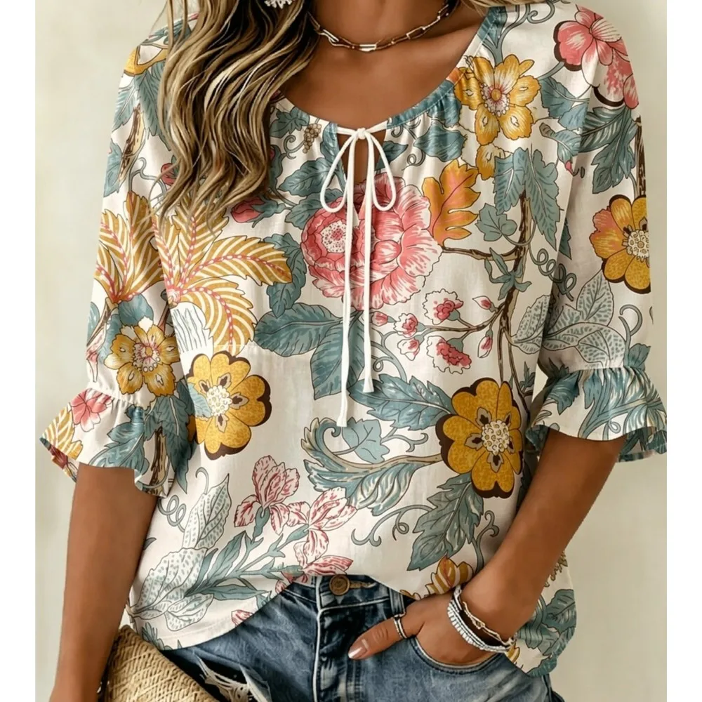 Women's Vintage Big Floral Leaf Print Tie Neck Ruffle Cuff 3/4 Sleeve Soft Flowery Loose Blouse
Women's Vintage Big Floral Leaf Print Tie Neck Ruffle Cuff 3/4 Sleeve Soft Flowery Loose Blouse