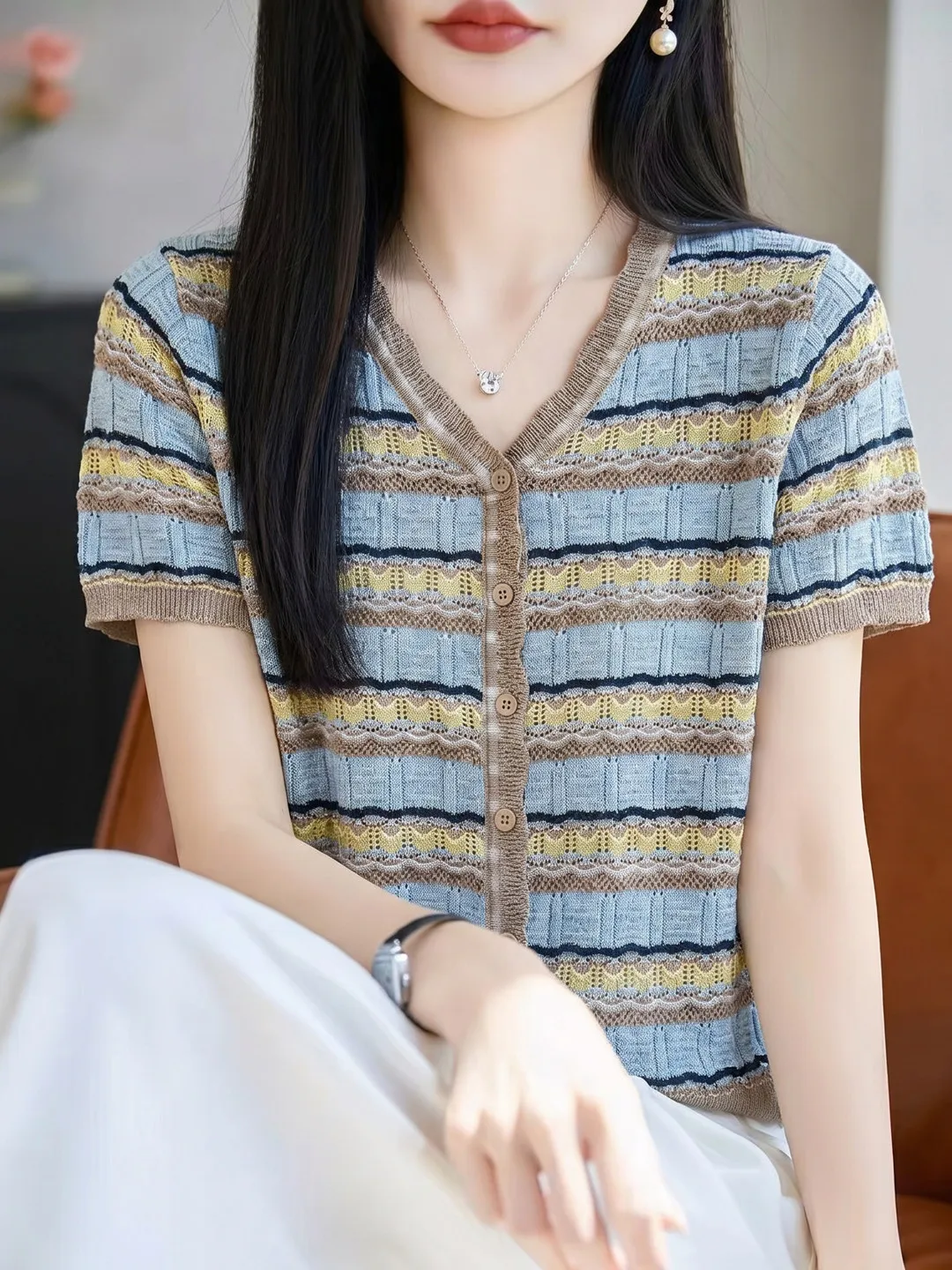 Summer Women's Soft Breathable Cool Feeling V-neck Striped Knitted Short Sleeve T-shirt Thin Style Small Fragrance Win...
Summer Women's Soft Breathable Cool Feeling V-neck Striped Knitted Short Sleeve T-shirt Thin Style Small Fragrance Win...