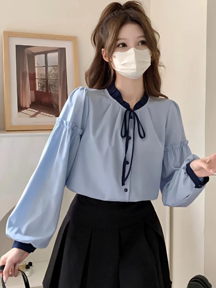 Ruffles Sweet Blue Shirt Women Long Sleeve Vintage Preppy Style Cute Blouse Korean Casual O Neck Female Spring Lace Up Tops New
Ruffles Sweet Blue Shirt Women Long Sleeve Vintage Preppy Style Cute Blouse Korean Casual O Neck Female Spring Lace Up Tops New