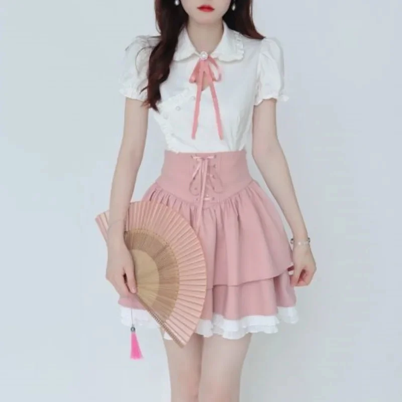 Bow Dresses Summer Doll Collar Short Sleeve JK Sense Niche Sweet Shirt Top High Waist Waist-Cinching Short Skirt Set Women New
Bow Dresses Summer Doll Collar Short Sleeve JK Sense Niche Sweet Shirt Top High Waist Waist-Cinching Short Skirt Set Women New