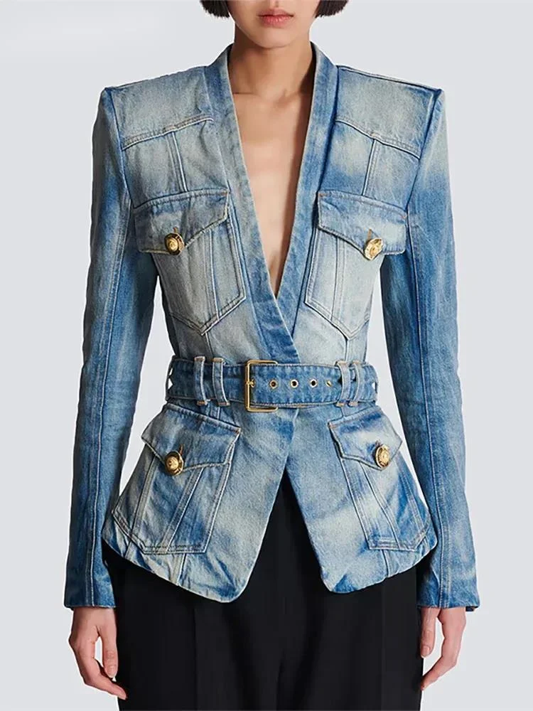 Fashion Multi-pocket Denim Blazer Women's V-neck Slim Sashes Long Sleeves Suit Jacket Autumn New 74WWX
Fashion Multi-pocket Denim Blazer Women's V-neck Slim Sashes Long Sleeves Suit Jacket Autumn New 74WWX