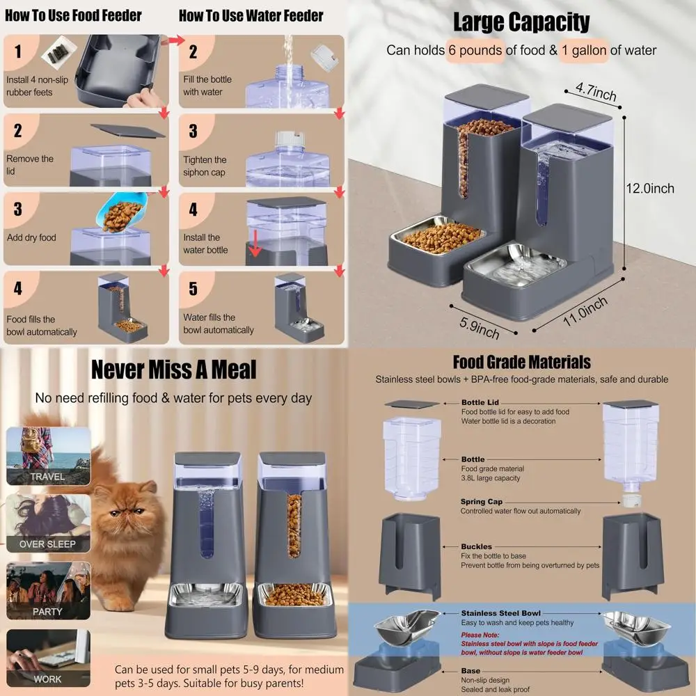 Automatic Cat Feeder and Cat Water Dispenser Set with Stainless Steel Bowls Gravity Dog Feeder for Small Medium Big Dog Pets Pup
Automatic Cat Feeder and Cat Water Dispenser Set with Stainless Steel Bowls Gravity Dog Feeder for Small Medium Big Dog Pets Pup