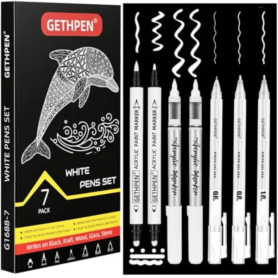 White Ink Pens, Fine Point Gel Pens, Brush Tip Acrylic Markers, white paint pen, Dual-Tip Opaque Paint Pens for Black Paper Dra
White Ink Pens, Fine Point Gel Pens, Brush Tip Acrylic Markers, white paint pen, Dual-Tip Opaque Paint Pens for Black Paper Dra