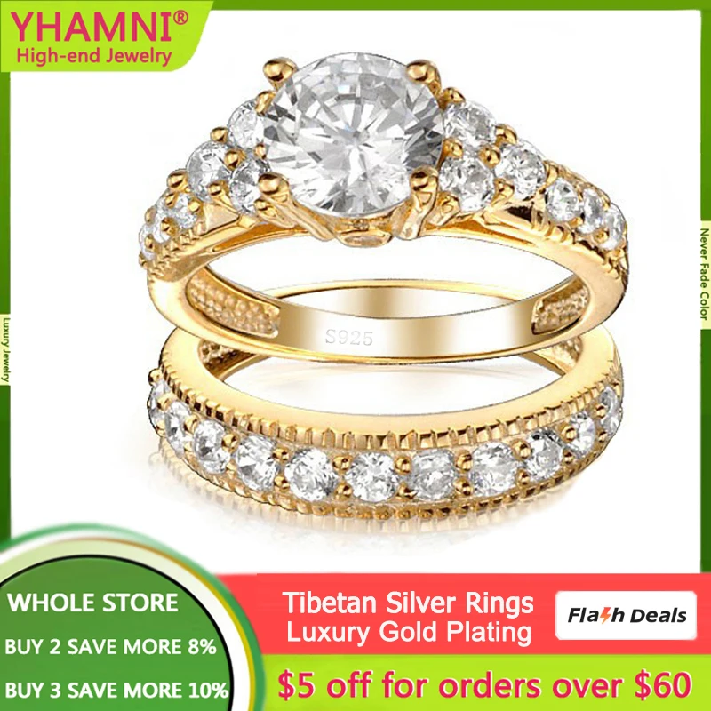 Fine Yellow Gold Color 2 Carat Cubic Zirconia Rings for Women Luxury Engagement Jewelry Real Tibetan Silver Wedding Bands Set
Fine Yellow Gold Color 2 Carat Cubic Zirconia Rings for Women Luxury Engagement Jewelry Real Tibetan Silver Wedding Bands Set