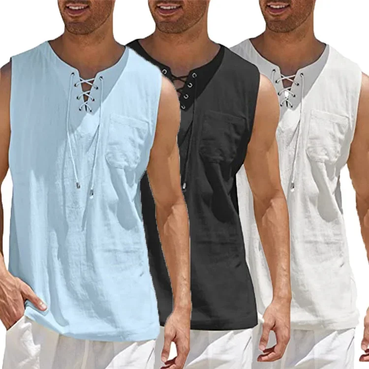 Summer New Men's Sleeveless Vest Top, Eye-catching Lace Up Stand Up Collar Men's Solid Color Beach Pullover Shirt
Summer New Men's Sleeveless Vest Top, Eye-catching Lace Up Stand Up Collar Men's Solid Color Beach Pullover Shirt