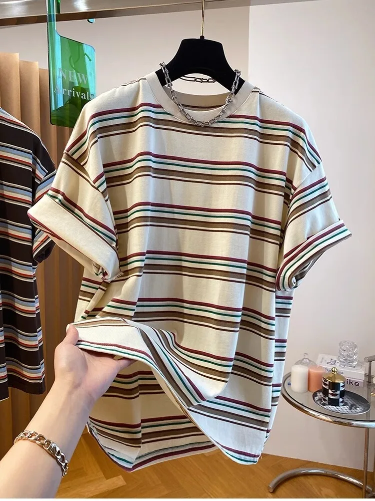 Plus Size Faionable Striped ort Sve T-irt Women's plus Size American Retro Color Blo Base irt Summer New Sle Top
Plus Size Faionable Striped ort Sve T-irt Women's plus Size American Retro Color Blo Base irt Summer New Sle Top