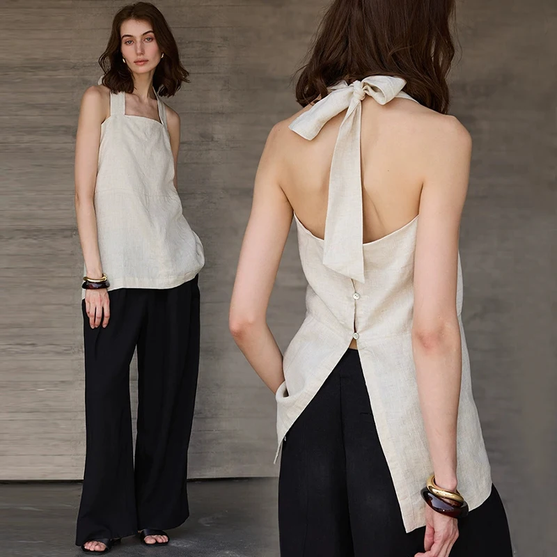 Pure Linen Halter Vest Tops Women's Sexy Sleeveless Backless Bandage Summer Vintage High Streetwear Fashion Office Lady Shirts
Pure Linen Halter Vest Tops Women's Sexy Sleeveless Backless Bandage Summer Vintage High Streetwear Fashion Office Lady Shirts