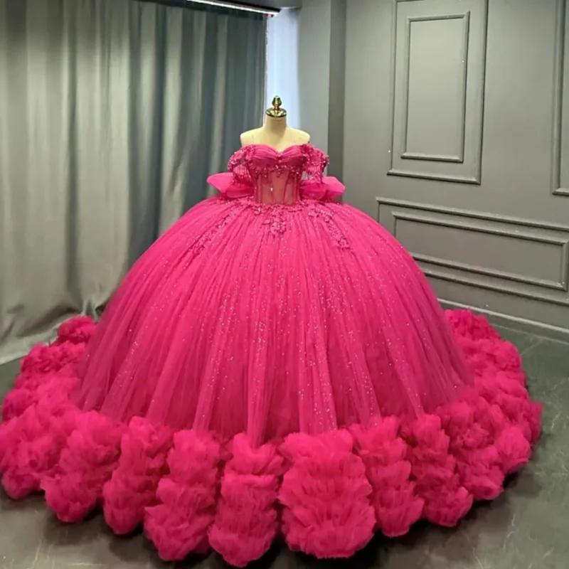 Shiny Rose Red Quinceanera Dress off-shoulder Crystal Lace Ruffles Decal Long tail Bow vestidos de 15 Quinceanera Customize
Shiny Rose Red Quinceanera Dress off-shoulder Crystal Lace Ruffles Decal Long tail Bow vestidos de 15 Quinceanera Customize