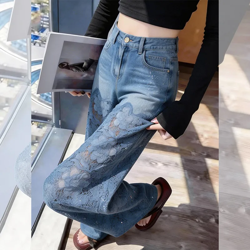 Blue Lace Hollow Wide Leg Jeans Women's High Waist Slimming Casual Loose Straight Cut Trousers Summer New Style Denim Pants
Blue Lace Hollow Wide Leg Jeans Women's High Waist Slimming Casual Loose Straight Cut Trousers Summer New Style Denim Pants