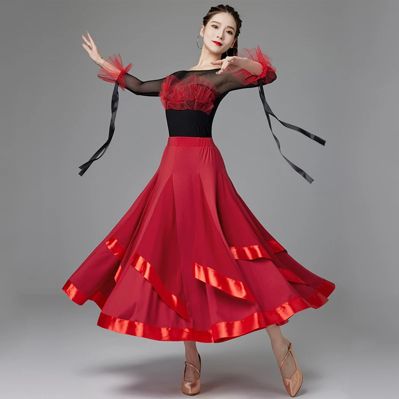 National Standard Dance Clothes For Women New Mesh Sleeved Large Swing Skirt Suit Modern Waltz Ballroom Dance Dress DQL8541
National Standard Dance Clothes For Women New Mesh Sleeved Large Swing Skirt Suit Modern Waltz Ballroom Dance Dress DQL8541